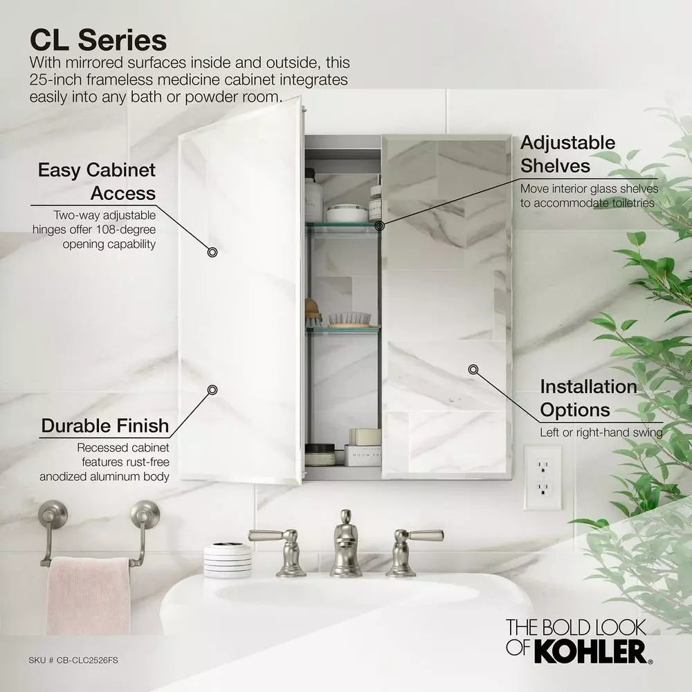 KOHLER 25 in. 2-Door Medicine Cabinet Flat Silver