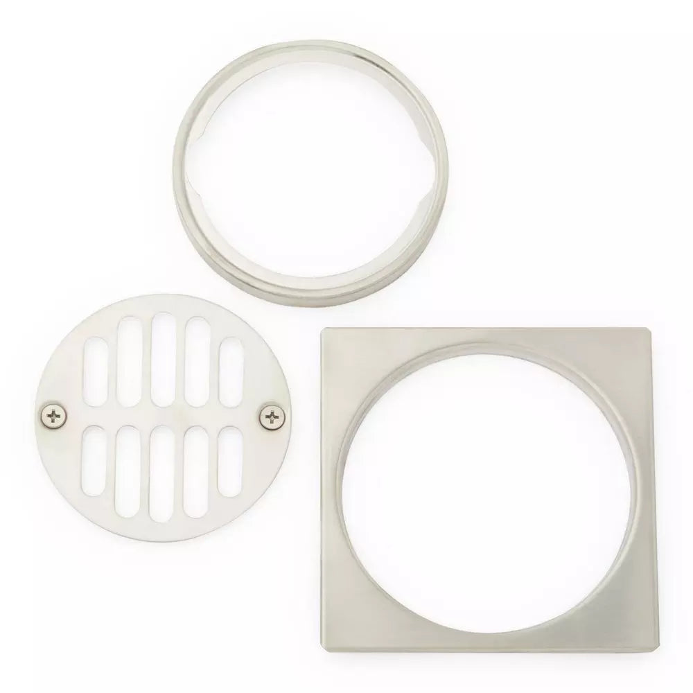 Shower Drain - SIGNATURE HARDWARE - 4-1/4 in. Square Shower Drain Cover with Round Strainer in Brushed Nickel