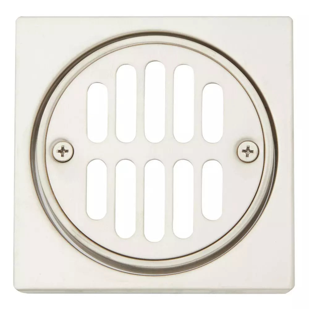 Shower Drain - SIGNATURE HARDWARE - 4-1/4 in. Square Shower Drain Cover with Round Strainer in Brushed Nickel
