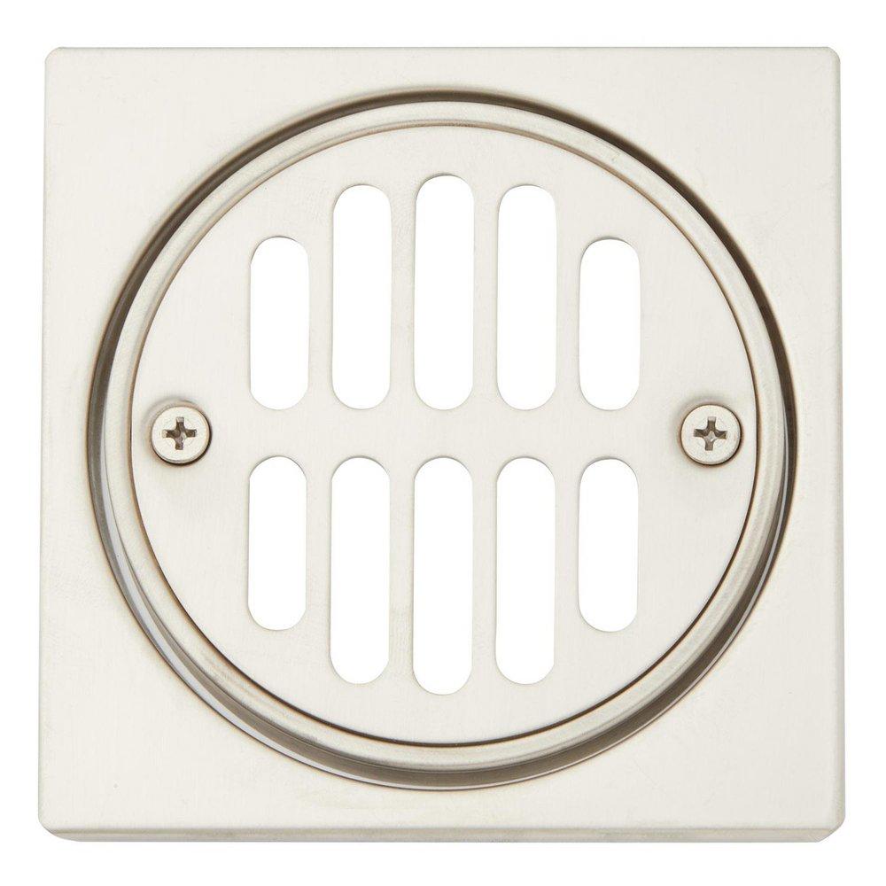 Shower Drain - SIGNATURE HARDWARE - 4-1/4 in. Square Shower Drain Cover with Round Strainer in Brushed Nickel