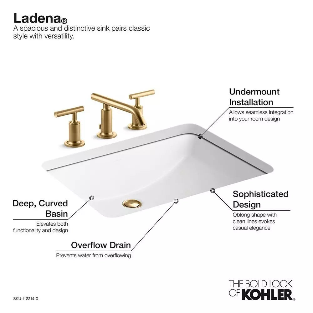 KOHLER Ladena 23-1/4 in. Undermount Rectangular Vitreous China Bathroom Sink in White