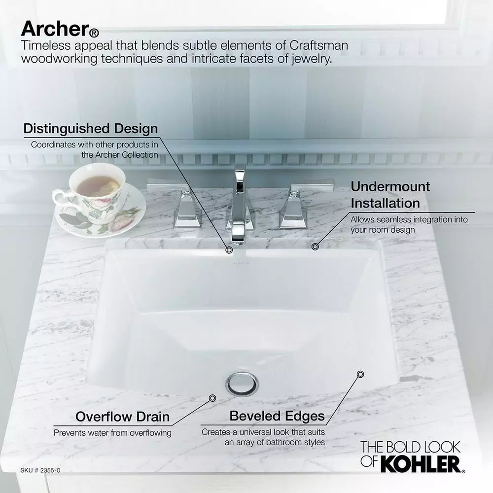 KOHLER Archer 19-7/8 in. Undermount Rectangular Vitreous China Bathroom Sink in White