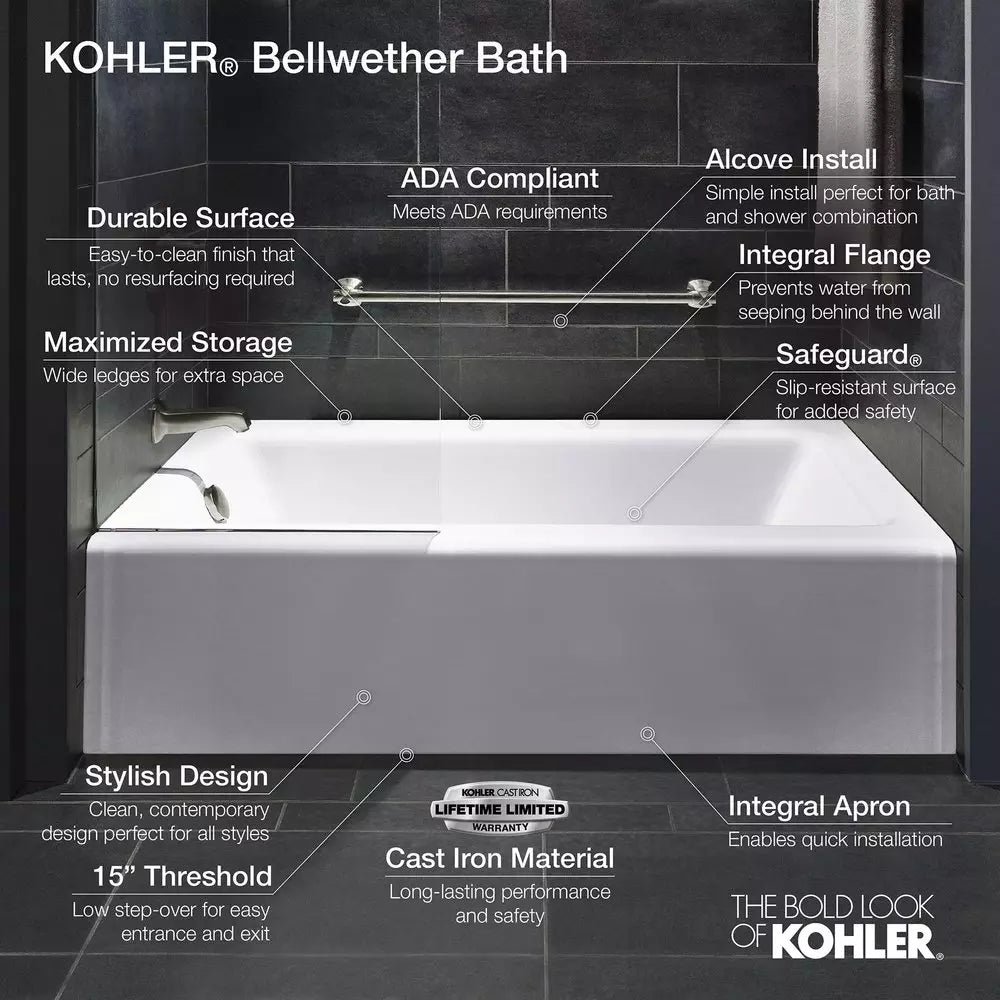 KOHLER Bellwether 60 in. x 32 in. Soaker Alcove Bathtub with Right Drain in White