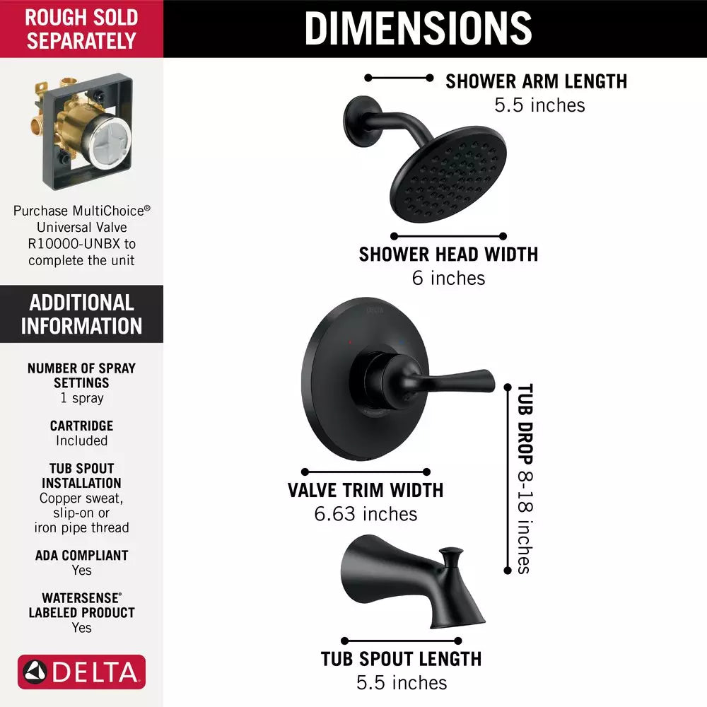 Delta Faucet Kayra One Handle Single Function Bathtub & Shower Faucet in Matte Black (Trim Only)